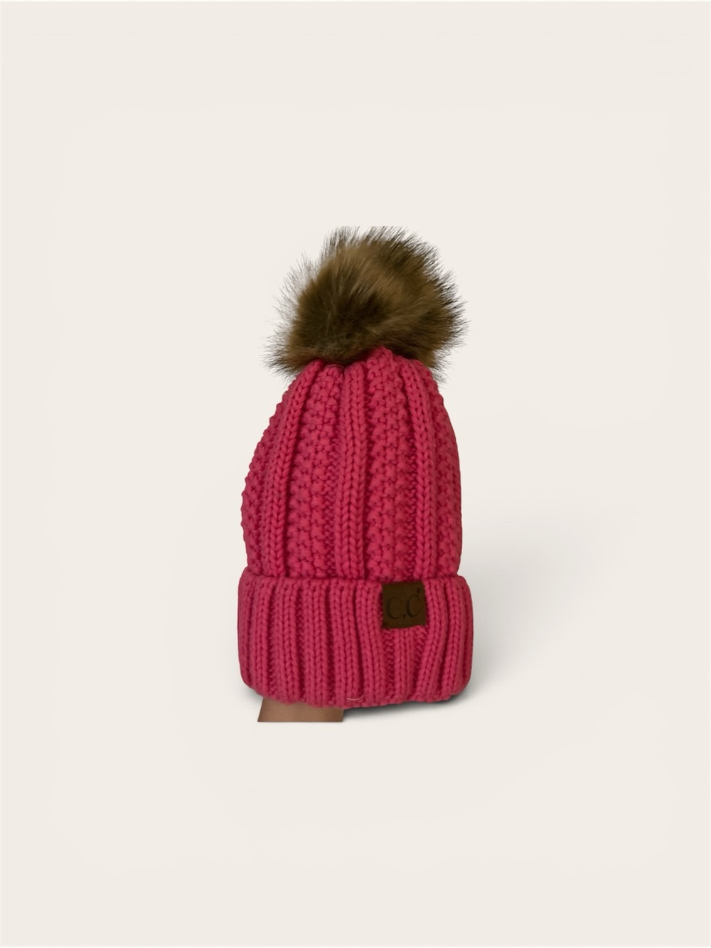 CC Boutique Hot Pink Knit Beanie with Brown Faux Fur Pom